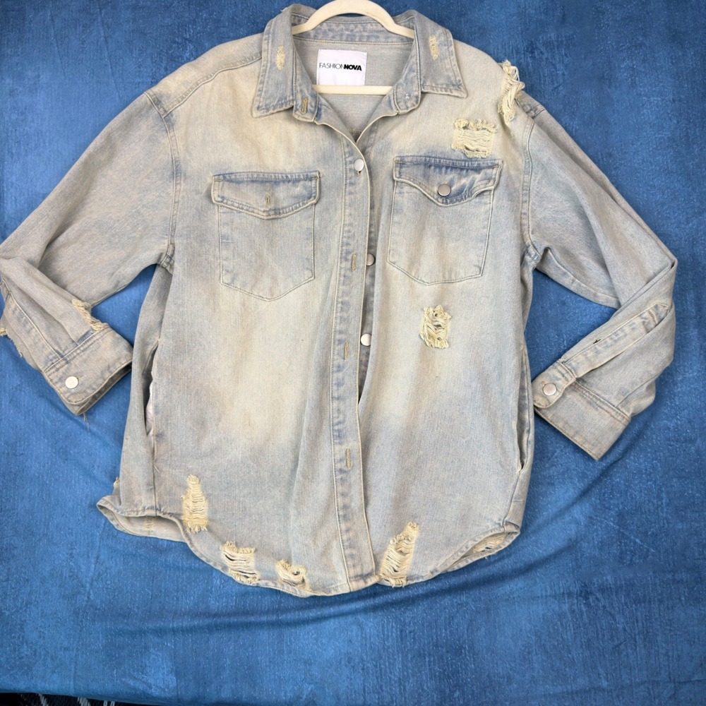 Fashion Nova Distressed Denim Jacket Light Wash Oversized Ripped Jean Jacket S